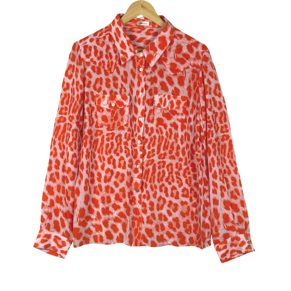 Neiman Marcus Women 100% Silk Long Sleeve Button Shirt L Animal print Luxury